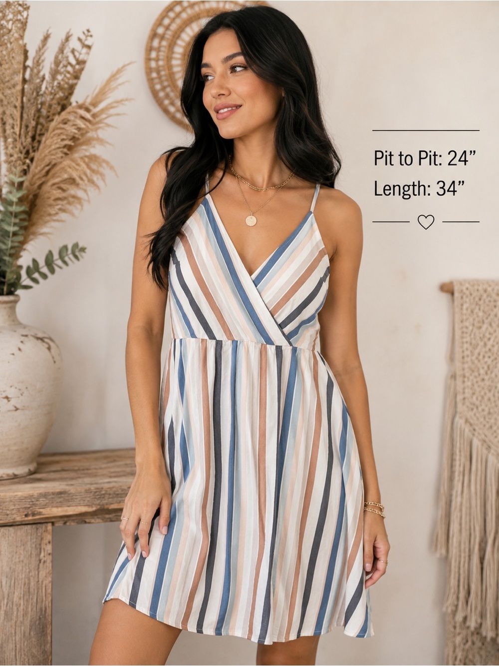 a new day Striped V-Neck Spaghetti Strap Mini Dress - Blue, Tan, Cream & Navy